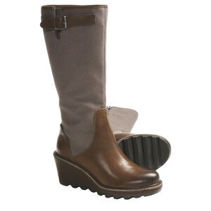 Sorel Brown Leather and Taupe Fabric Wedge Boots
